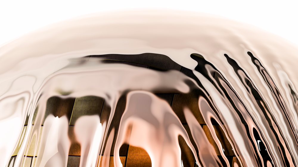 Abstract digital illustration showing smooth flowing liquid shapes with distorted reflections and curved surfaces.