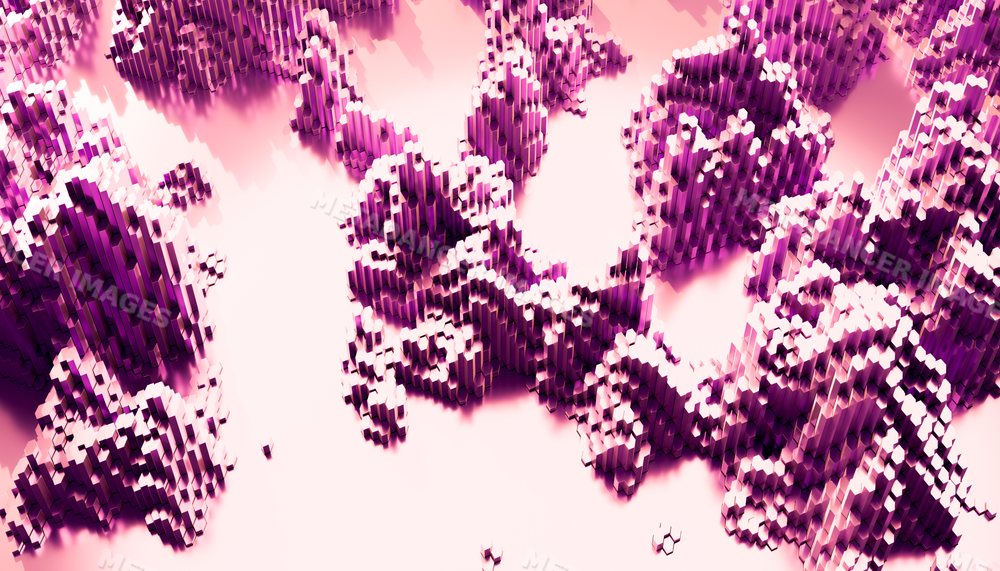 Abstract clusters of 3d purple hexagons forming a geometric pattern