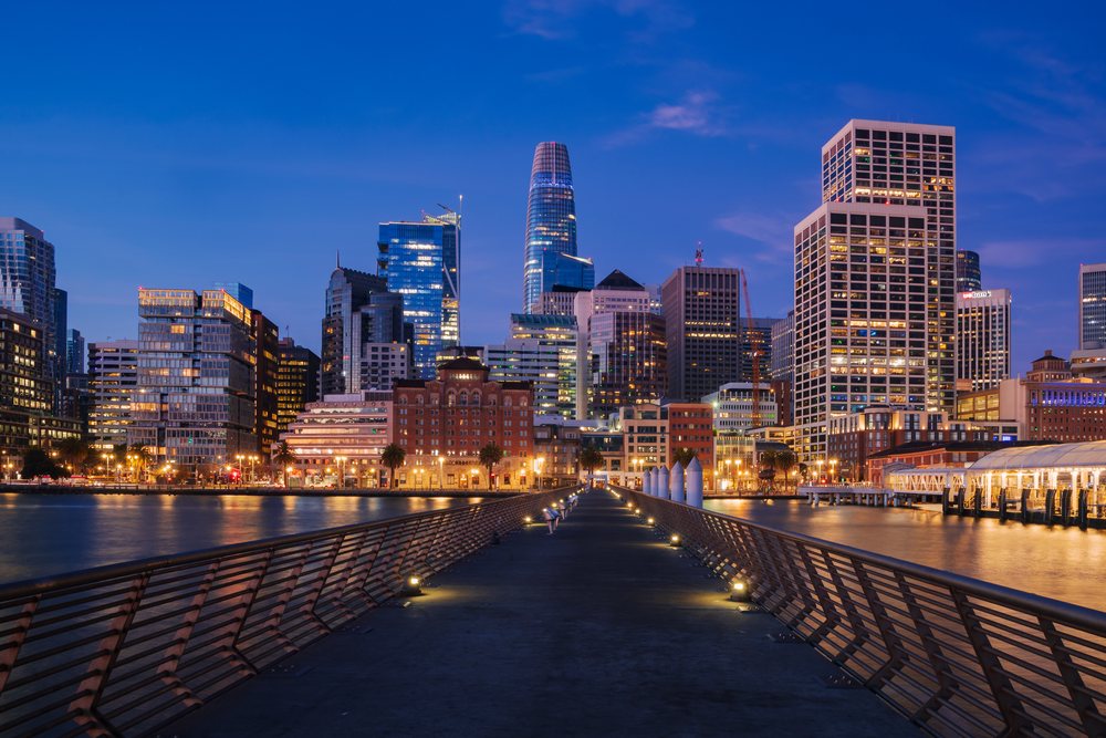 View of Downtown San Francisco from Pier 14 at Dawn.