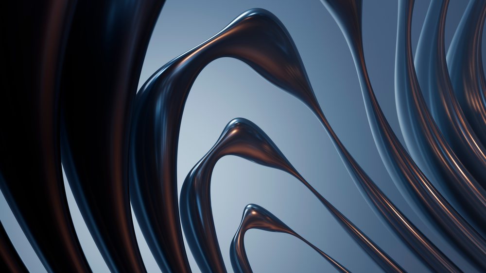 Smooth metallic fluid curves form elegant wave-like shapes in this dark-toned 3D digital illustration.