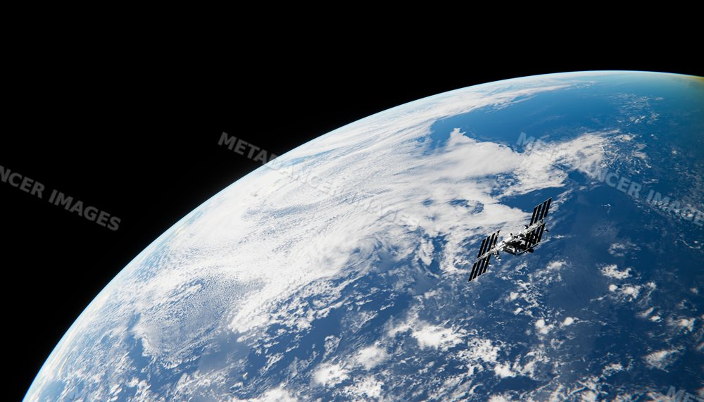 A large artificial satellite orbits earth above the blue planet