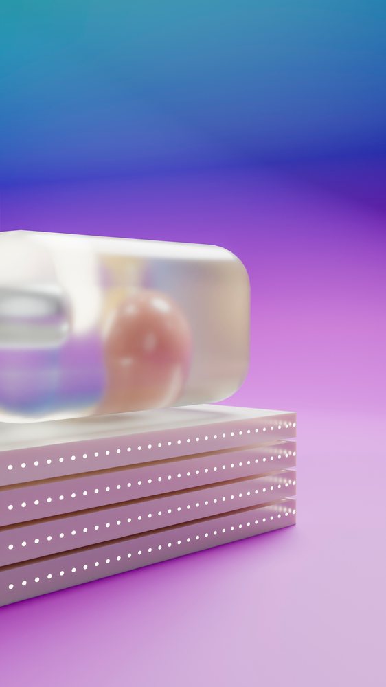 Blue and orange pill capsules arranged inside a transparent tablet blister pack on a blue and purple gradient background.