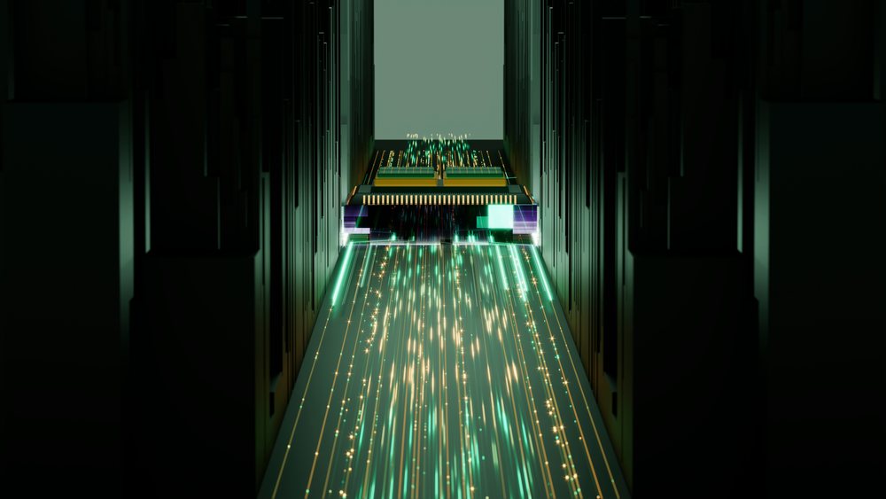 Computer chip processing glowing digital data streams on an electronic circuit board in a dark setting.