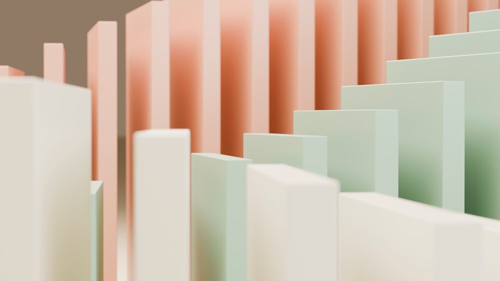 Abstract digital illustration featuring pastel-colored 3D rectangular blocks arranged vertically against a gradient background.