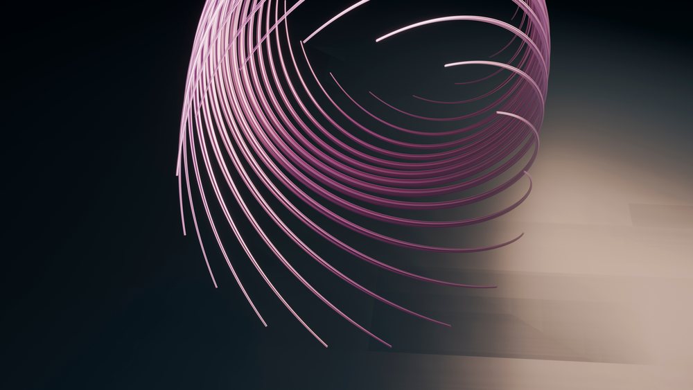 Glowing purple spiral light trails with motion blur create a dynamic futuristic pattern on a dark background.