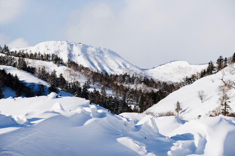 Snow-covered mountains and mixed forests with snowdrifts in winter, Hokkaido, Japan.