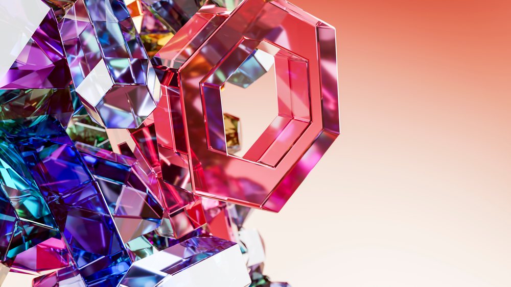 Abstract 3D digital illustration of colorful transparent geometric shapes against an orange gradient background.