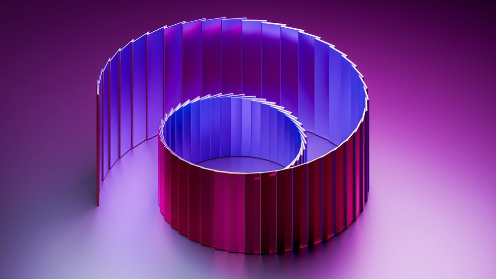 3D digital illustration of a spiral-shaped reflective structure with blue and purple gradients on a smooth surface.