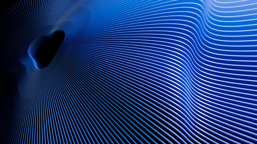 Blue curved lines create a dynamic wave pattern on a dark background in this digital abstract illustration.