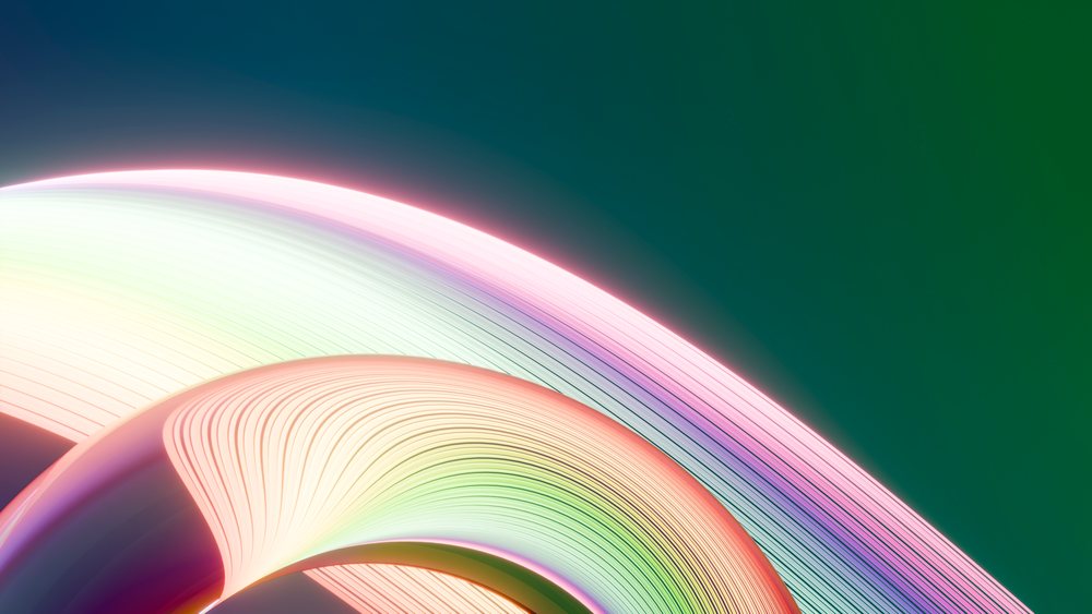 Abstract digital illustration featuring colorful flowing curved bands with a glowing gradient effect on a dark background.