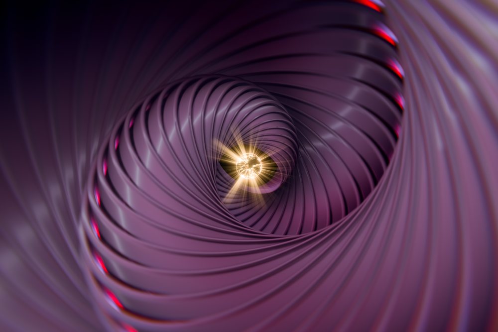 Abstract render of a metallic purple spiral tunnel with a glowing sphere emitting radiant light rays at the center.
