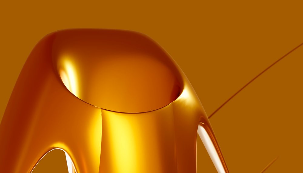 Golden abstract three-dimensional curved shape with smooth reflective surface on orange background.