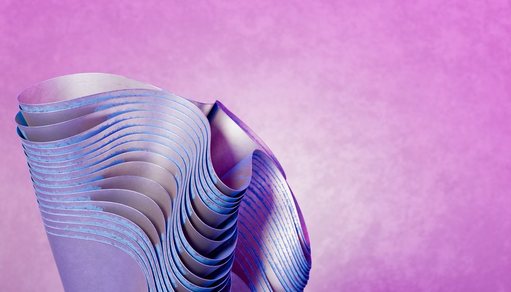 Abstract sculpture composed of curved and layered blue sheets with textured surfaces against a purple gradient background.