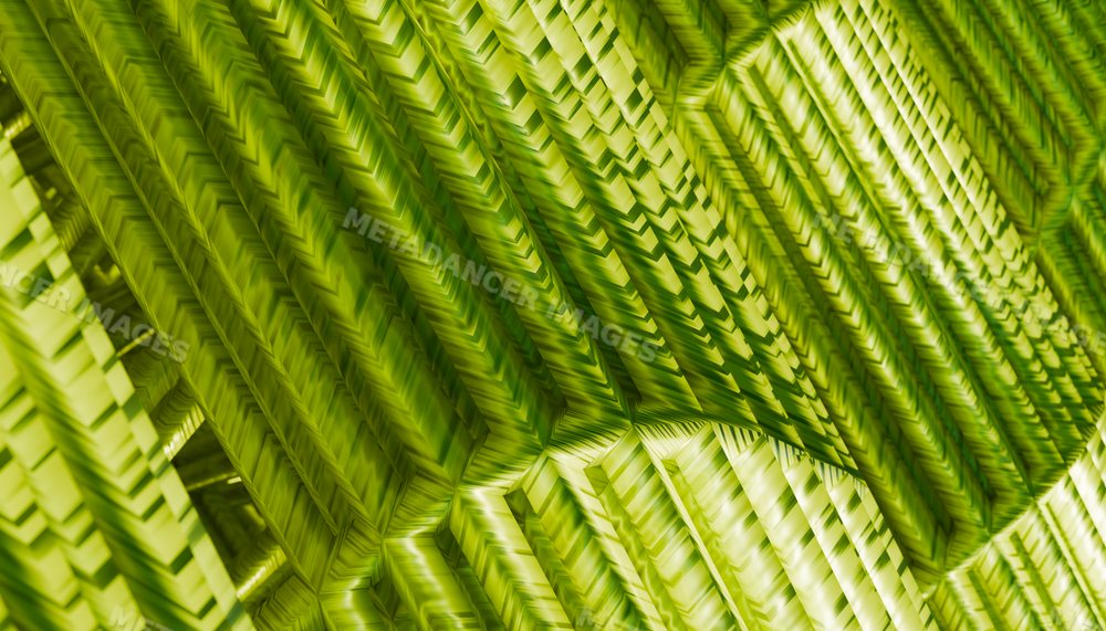Abstract green geometric 3d rendering with layered digital patterns