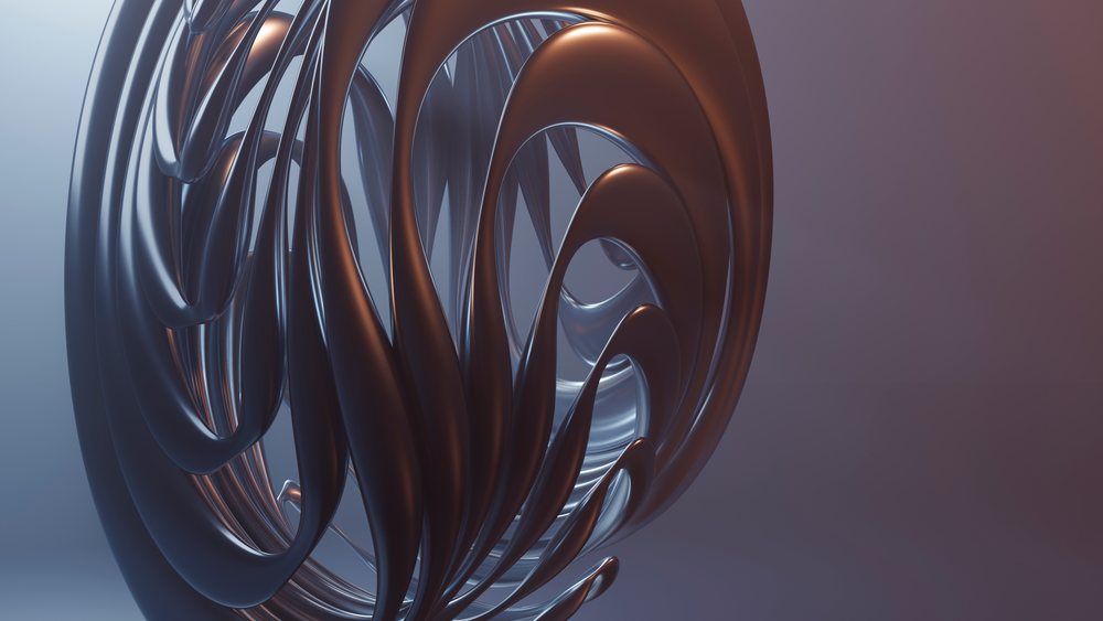 Dark metallic curved sculpture with twisted loops and smooth surfaces in a 3D digital art studio setting.