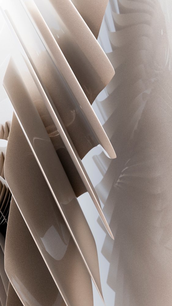 Abstract 3D digital rendering of beige folded and curved shapes with smooth reflective surfaces and repetitive layered patterns.