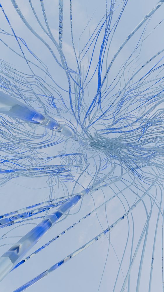 Digital network of blue fiber optic cables extending upwards against a pale blue sky background.