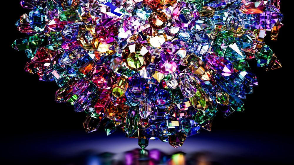 Highly detailed digital illustration of a colorful faceted transparent crystal cluster with prismatic reflections on a black background.
