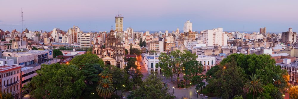 Panoramic cityscape of Cordoba at sunset.
