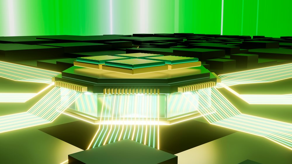 Microchip on a circuit board with glowing lines illustrating data and electrical flow in technology hardware.