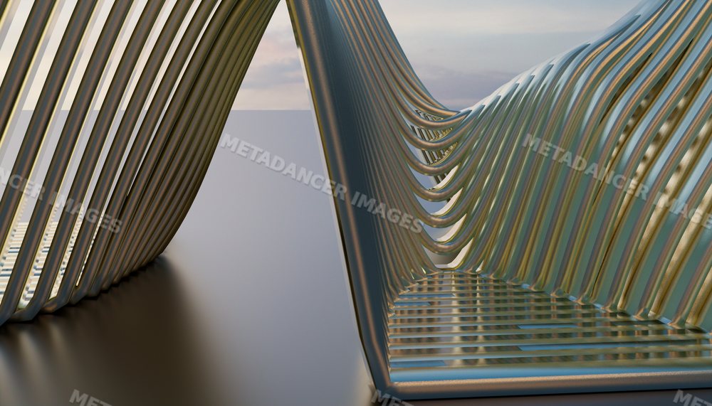 Abstract modern metal sculpture featuring curved geometric rods