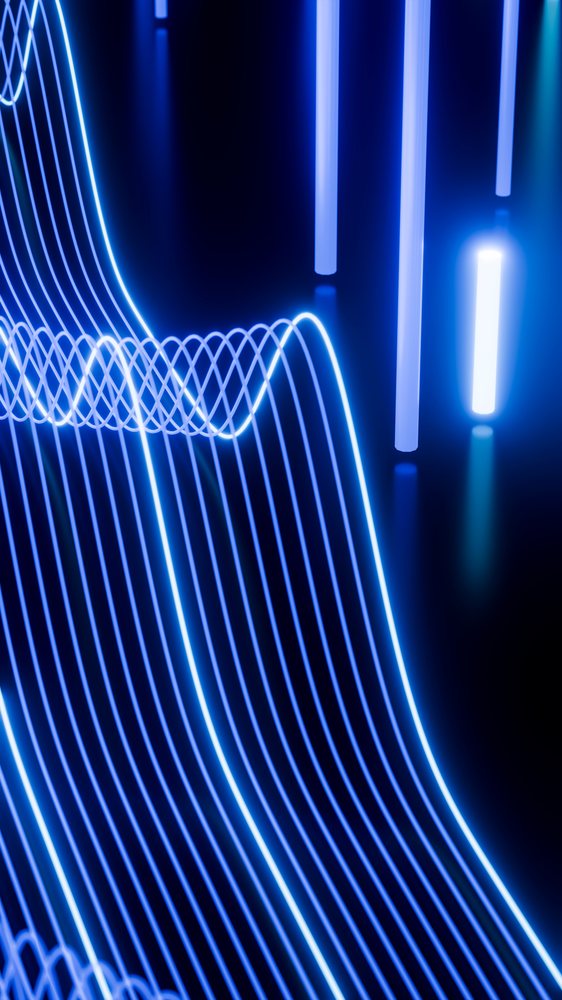 Blue neon light tubes form wavy glowing lines against a dark background in a digital abstract illustration.