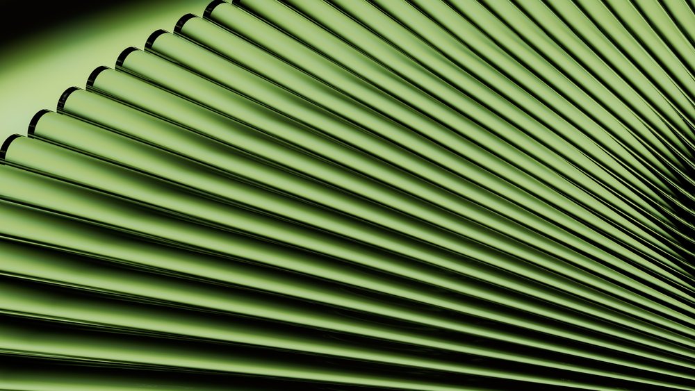 Abstract render of green curved metallic tubes forming a repetitive geometric pattern.