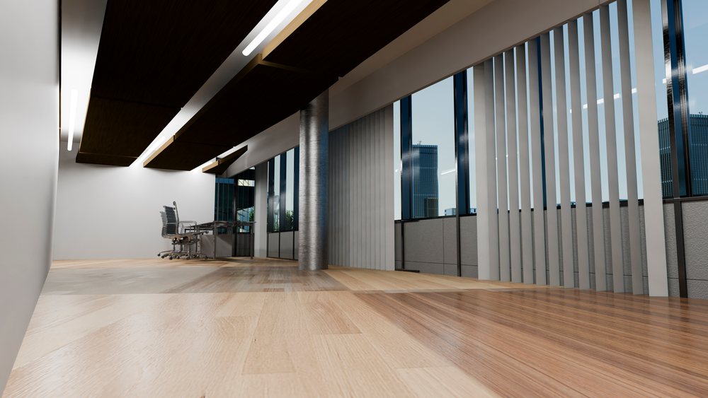 Empty modern office interior features wooden floor, metal pillar, vertical blinds on large windows showing city buildings.