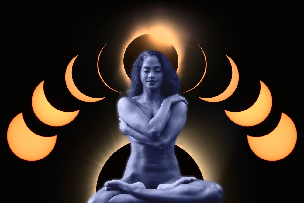 Woman sitting cross-legged in meditation pose in front of multiple solar eclipse phases with visible corona halo on dark background, spirituality.