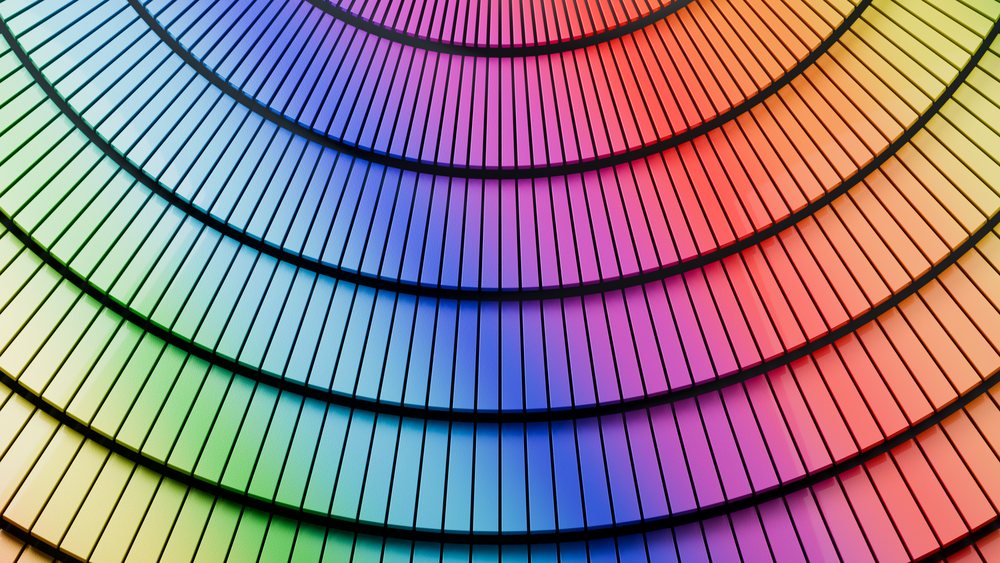 Colorful rectangular tiles arranged in a layered concentric pattern with a smooth color gradient in a digital abstract illustration.