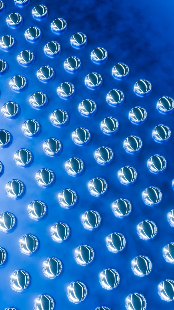 Stylized blue metallic circles arranged symmetrically create a modern abstract illustration with reflective shiny surfaces.