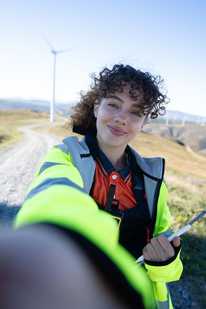 Woman taking selfie at wind farm in Galicia Spain wearing safety jacket, sustainability, renewable energy.