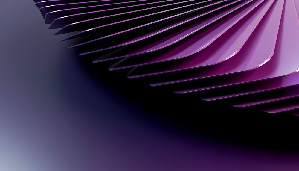 Abstract purple curved layered 3D shapes with smooth reflective surfaces on a dark background.