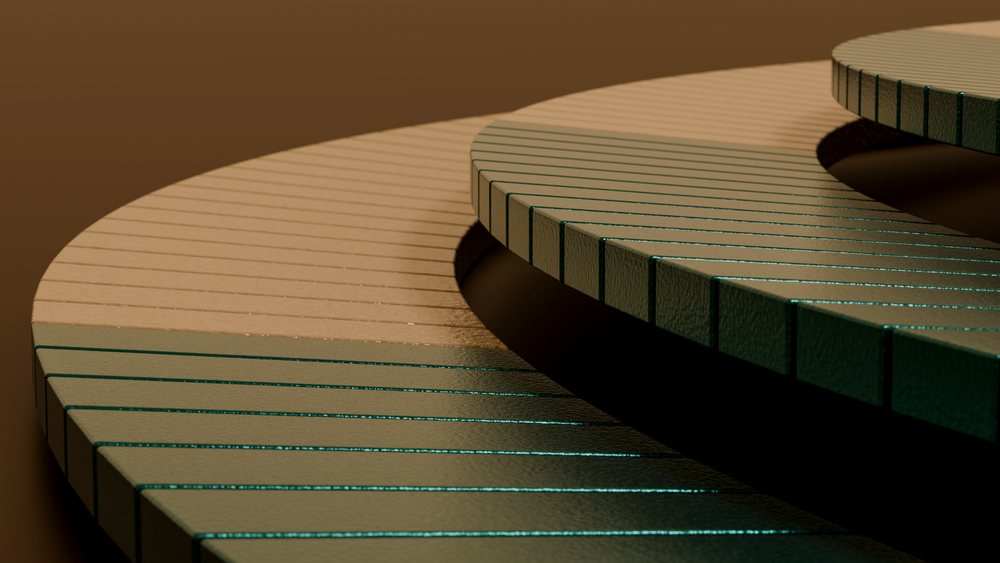 Round platforms with striped patterns and concentric layered discs create a modern geometric composition against a brown background.