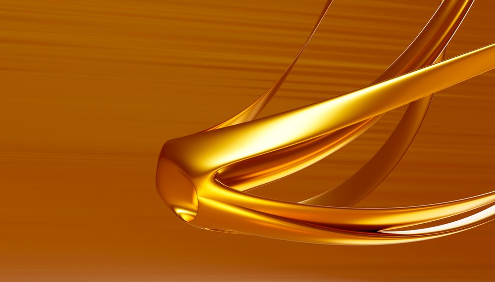 Golden liquid metal splash flowing with smooth curves on an orange background, creating glossy and reflective textures.