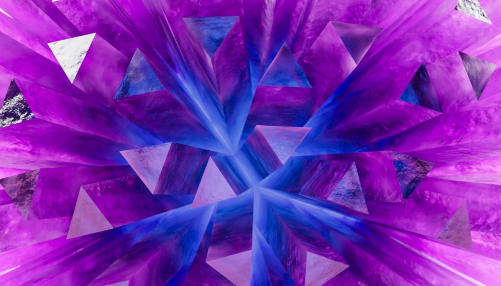 Cluster of translucent purple crystals with blue reflections forming geometric shapes on polygonal and triangular facets.