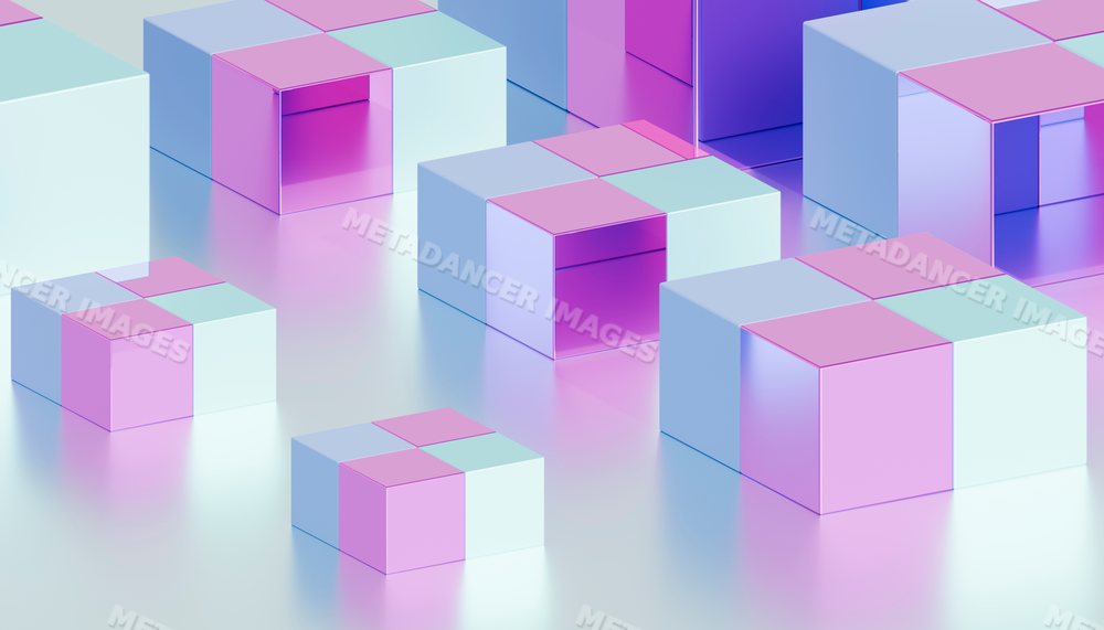 Abstract digital composition of glossy purple and pink 3d cubes