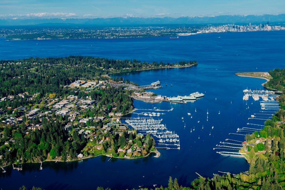 Aerial view of Bainbridge Island's Eagle Harbor showing boats and ferries docked along the shoreline with Seattle skyline visible across Puget Sound, Salish Sea, USA.