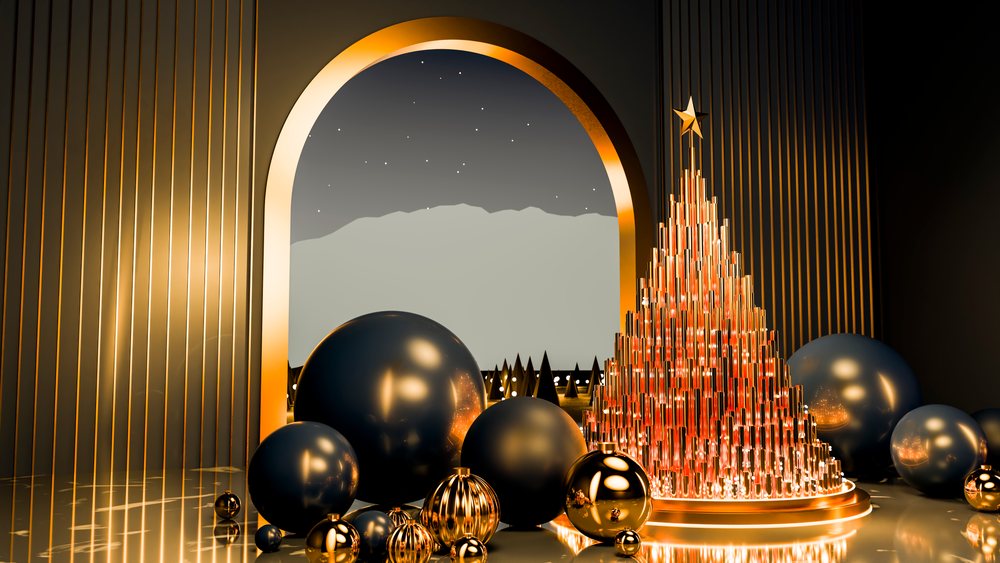 Golden Christmas tree with star topper and spherical ornaments beside an arch opening to a starry night sky with mountains and pine trees.