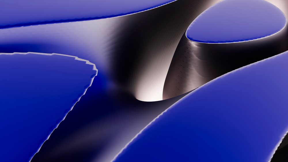 Abstract digital artwork displaying smooth blue curves and glossy surfaces with gradient reflections.