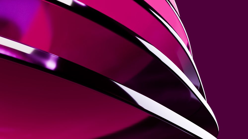 Abstract digital illustration featuring shiny curved lines in purple and magenta tones with smooth flowing shapes and reflective surfaces.