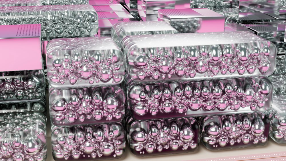 Close-up of stacked transparent rectangular blocks with embedded bubbles and pink metallic reflections in an abstract digital 3D artwork.