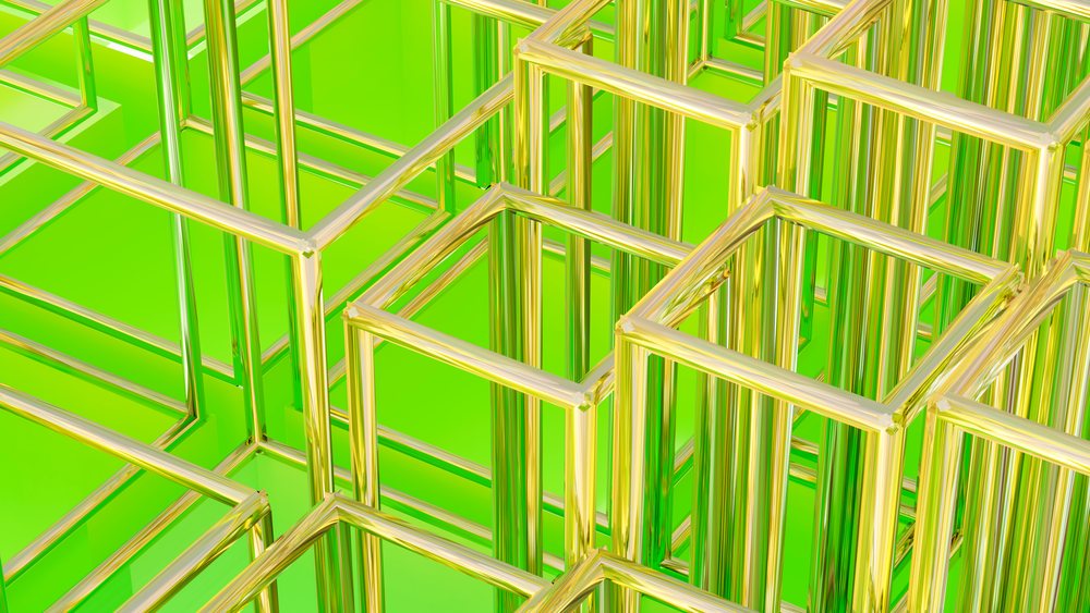 Abstract arrangement of golden transparent cube frames on a green background featuring a modern geometric design.