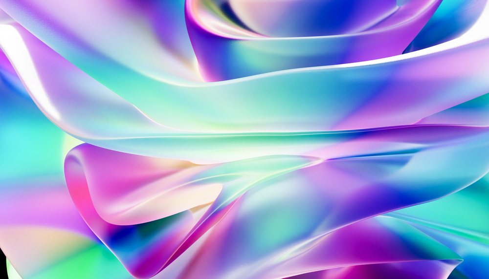 Colorful abstract folds of smooth, shiny fabric with iridescent pastel gradients create a flowing texture background.