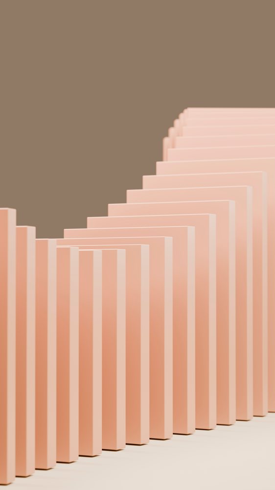 Row of pink domino tiles falling in a sequence against a beige background in an abstract minimalist illustration.