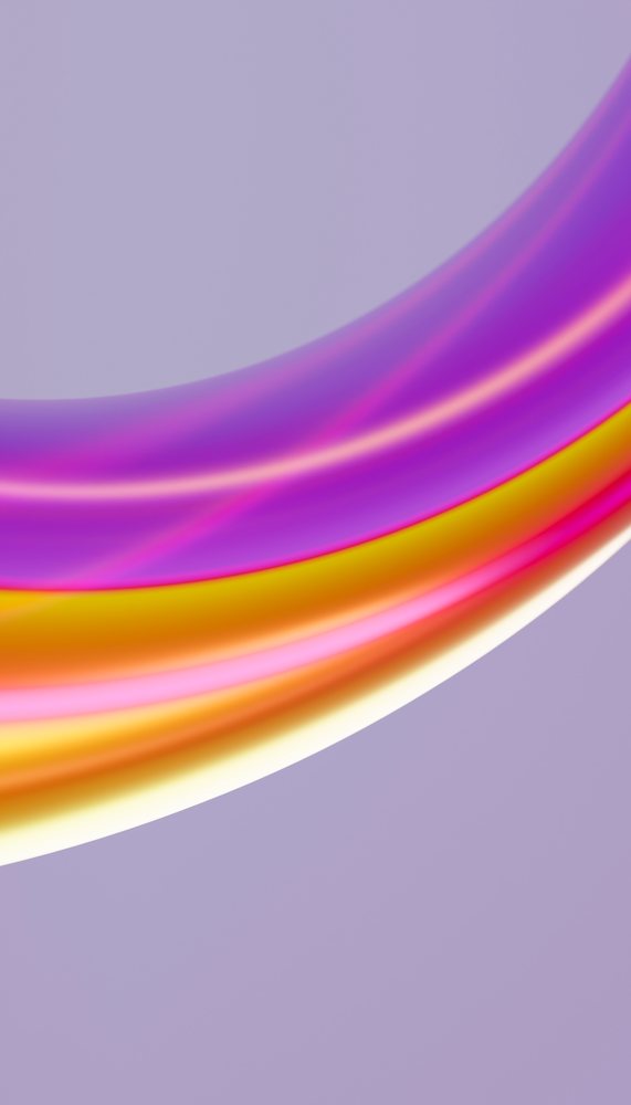 Abstract digital art featuring colorful flowing curves on a smooth glossy purple background.