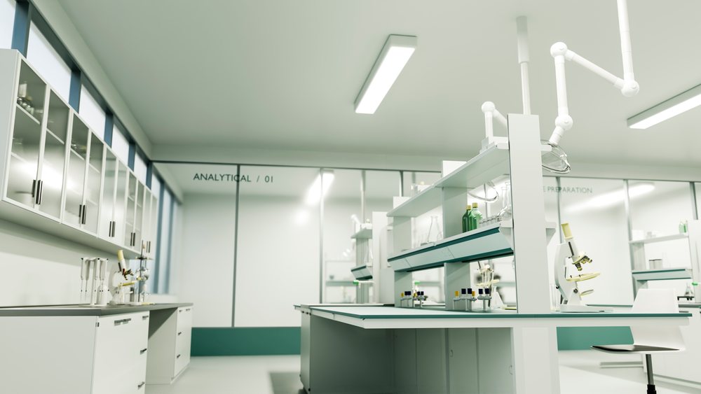 Laboratory interior with microscope on bench and various lab equipment in a clean, sterile analytical research room.