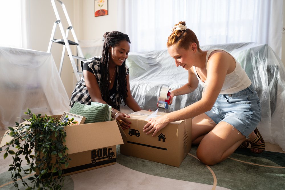Two women are packing cardboard boxes in a sunlit living room during a move, moving, Spain.