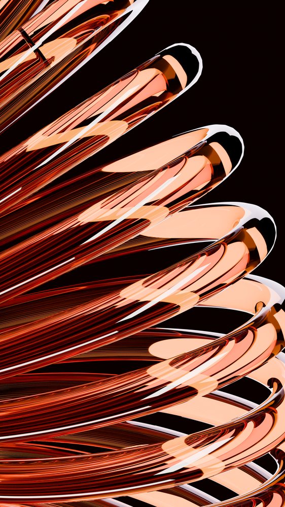 Abstract copper-colored metallic spiral coil with a smooth, shiny, reflective surface on a black background.