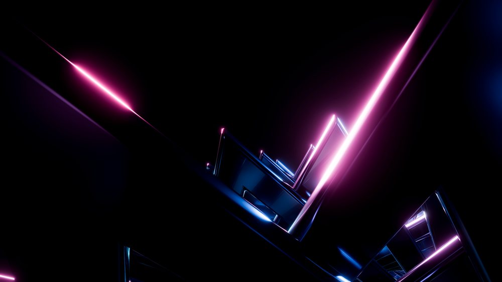Abstract neon lights with purple and blue glowing beams create a futuristic geometric pattern in dark space.